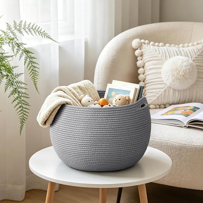 Goodpick Large Toy Storage Basket for Kids, Round, 15.7" x 10.5", Grey | Woven Rope Basket with Handles, Holds Blankets, Toys & Baby Shower, Decorative Basket for Living Room & Bedroom Décor