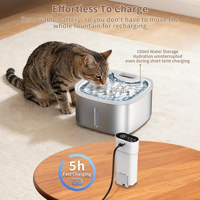 Cat Water Fountain Stainless Steel Wireless 118oz/3.5L–Cordless Battery-Operated Pet Water Dispenser with All-in-One Rechargeable Pump, Quiet Indoor Fountain for Cats & Dogs (Fountain+8Filters)