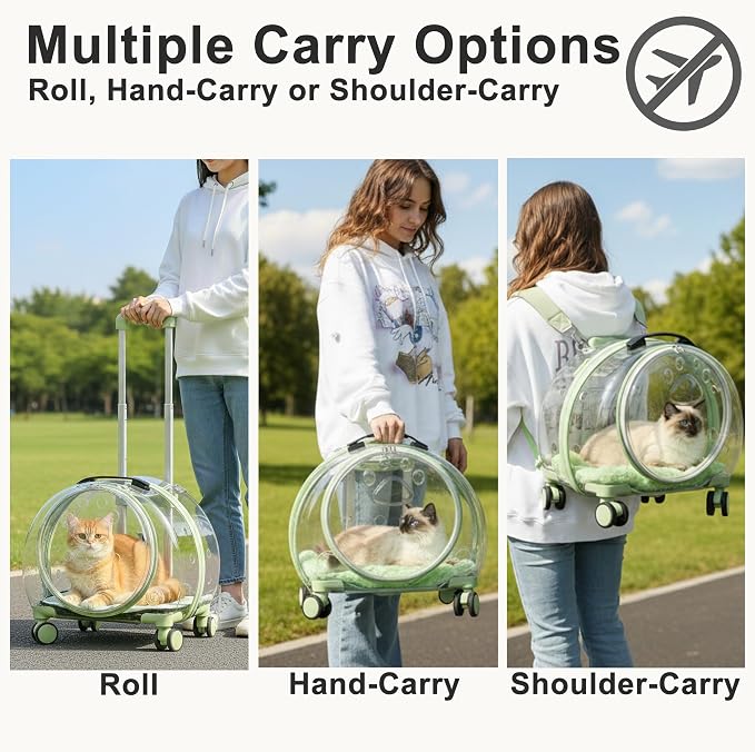Transparent Hard Shell Cat Carrier with Wheels, Green | Rolling cat carrier, 17-lb max load, Breathable, Telescoping handle, Shoulder strap, Clear pet carrier, Portable, Travel