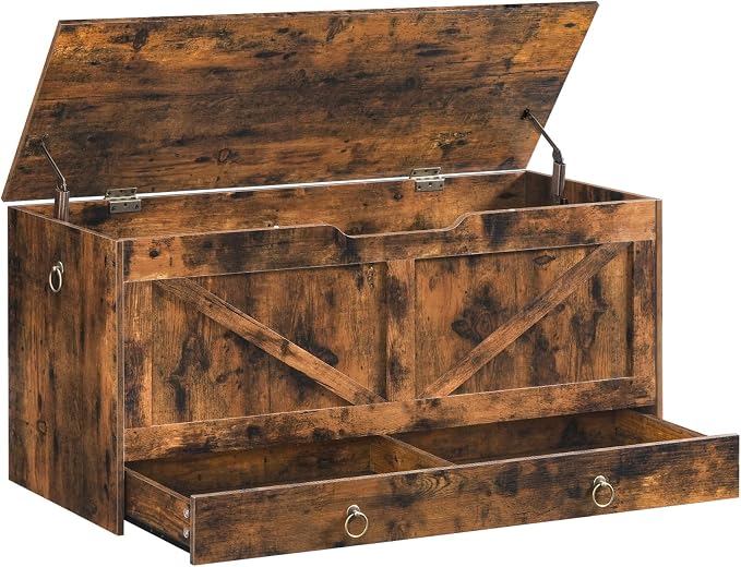 HOOBRO Storage Chest, 43.3" Toy Chest with Drawer, Wooden Storage Bench, Sturdy Entryway Bench Supports 220 lb, Shoe Bench, Safety Hinge, U-Shaped Opening, Easy Assembly, Rustic Brown FG711CW01G2