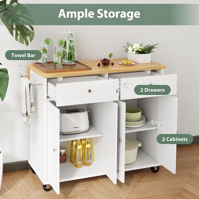 JY QAQA 39" Rolling Kitchen Island Cart on Wheels, Mobile Storage Cabinet with 2 Drawers & Double Door Cabinet, Cart Handle for Towel Rack or Free Mobility, Portable Islands for Kitchen, White