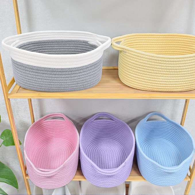 ABenkle Small Basket with Handles, Boho Decorative Rope Woven Dog Cat Toy Storage Bin Shelf Storage Organizer, Easter Christmas Gift Basket, 12"x8"x5", Grey