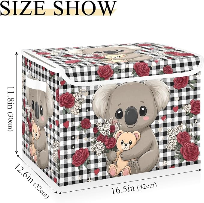 Koala Bear Rose Fabric Storage Bins with Lid Closet Storage Basket 40L | Decorative Storage Boxes, 300D Oxford Cloth, Hollow Board Frame, Flip Top Velcro Lid, 16.5x12.6x11.8 inch, Collapsible Design