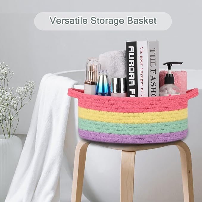 COMSE Empty Small Gift Basket with Bag & Ribbons, Rainbow | Cotton Rope, 12"x 8"x 5", Baby Toy Organizer, Stores Small Items for Bedrooms, Nurseries, Bathrooms, Living Rooms, Offices
