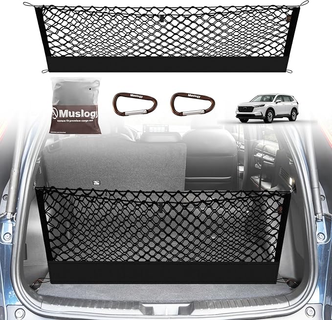 Muslogy Cargo Net for 2023-2025 2026 Honda CR-V CRV Accessories | Custom Fit, Trunk Storage Organizer Net for SUV Sedan Van Divider, with Heavy Duty Carabiners, Night Visible Grab Handle
