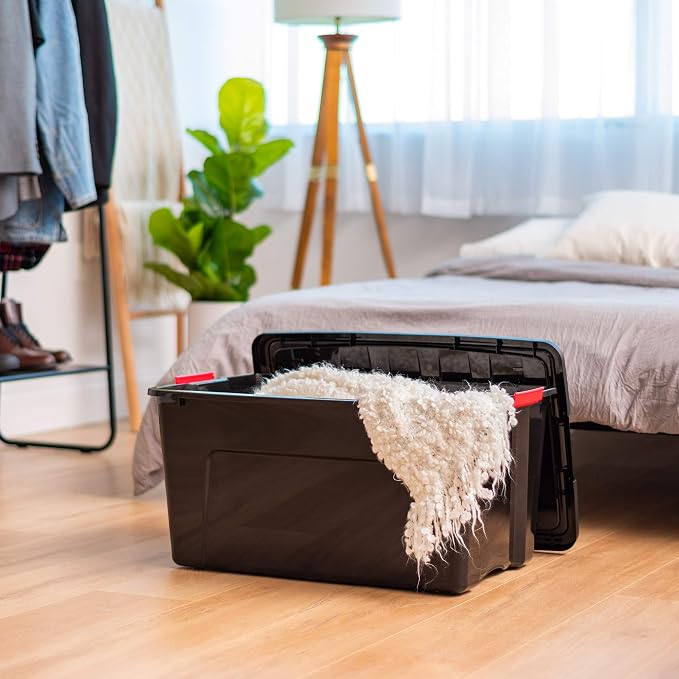 IRIS USA 4-Pack 72 Quart Storage Bins with Lids, Black | Black finish conceals stored items. Perfect for moving, blankets, clothing, and garage storage. Nestable design saves space