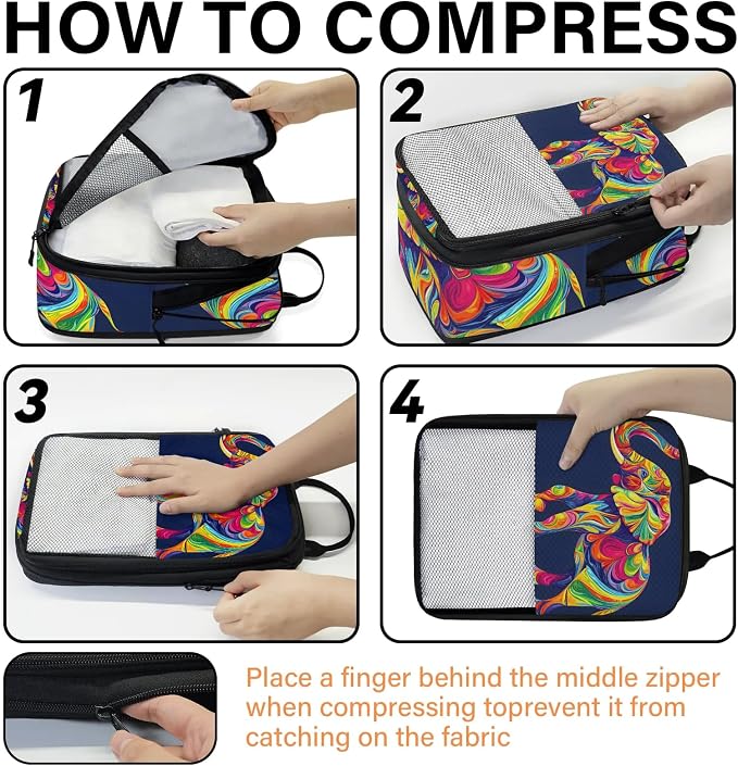 Elephant 6 Set Compression Packing Cubes Wild Animal Art Print Expandable Packing Organizer for Travel Accessories Luggage Suitcase Bag