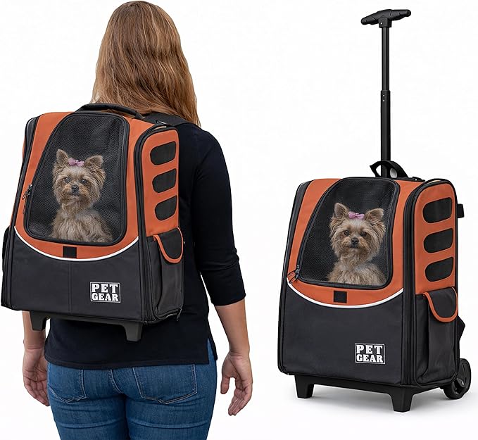 Pet Gear I-GO2 Roller Backpack, Medium Escort, Tangerine | Travel Carrier, Car Seat for Cats/Dogs, Mesh Ventilation, Telescoping Handle, Storage Pouch, Included Tether