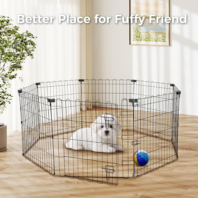 24" H Dog Playpen, 8 Panels Foldable Metal Pet Exercise Pen for Puppy | Pet Dog Fence Indoor/Outdoor Use Metal Playpen, Portable Fence with Door for Yard Garden Camping, Black