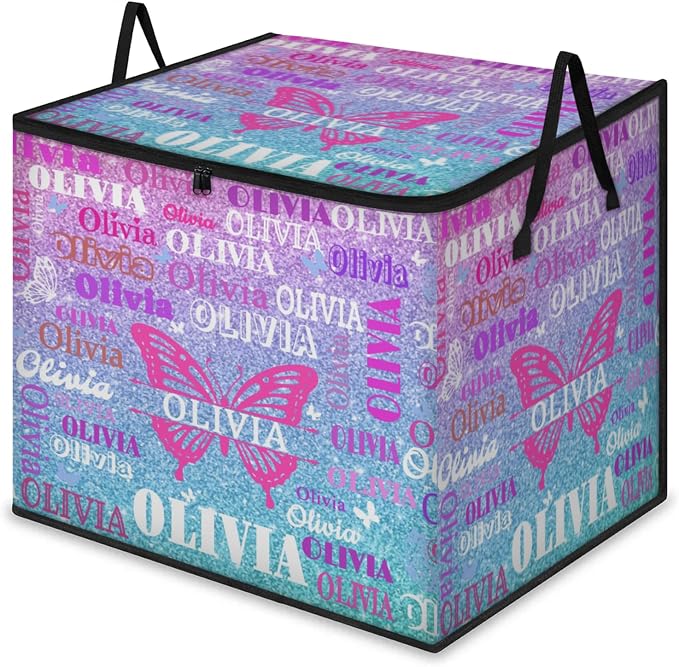 Custom Name Comforter Storage Bin with Lid, Personalized XL Butterfly Storage Basket with Handles Zippers Organizing Blankets, Bedding Closet Shelf Baskets, Pink Blue Glittery Sequins