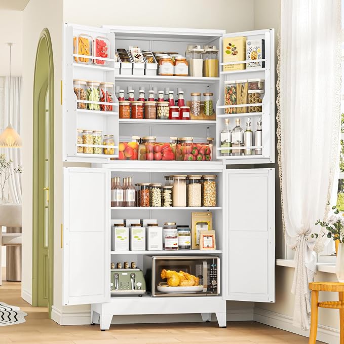 GAIOUS 74.8" Tall Metal Food Cabinet, White Kitchen Pantry Cabinet Cupboard | Food Storage, Kitchen Organizer, Storage Cabinet with 4 Door and 4 Adjustable Shelves, Steel Freestanding, for Dining Living