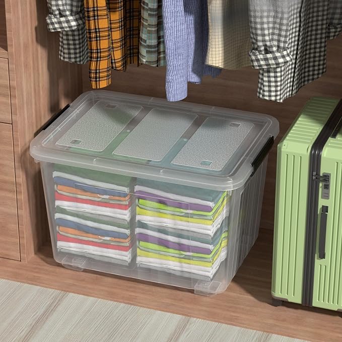70 L Large Clear Storage Box, 4-Pack Storage Bin with Lid & Wheels | Durable Plastic Material, with Black Latches