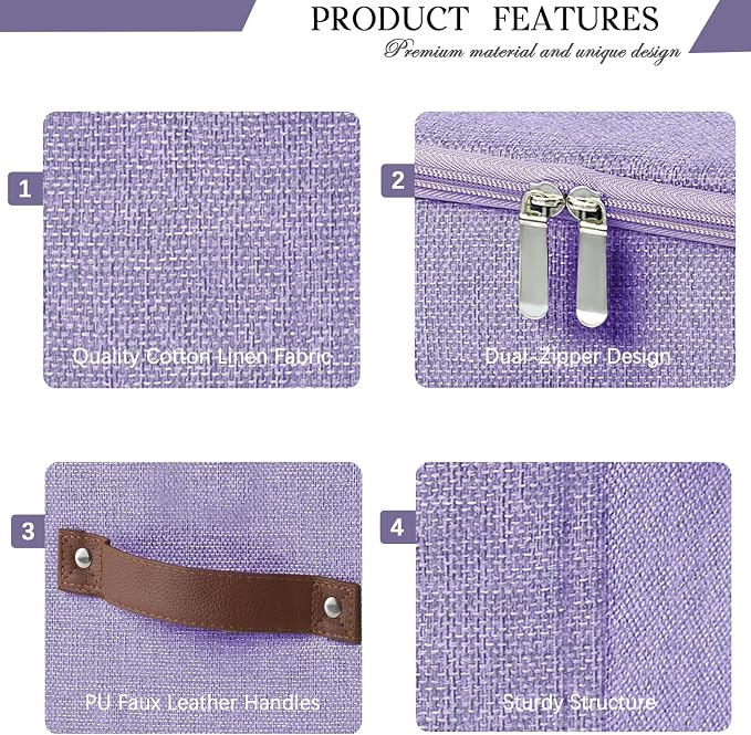 Storage Bins with Zipper Lid Decorative Lidded Storage Boxes | Collapsible Cotton Linen Fabric Storage Baskets, PU Leather Handle, Stackable Shelf Closet Organizer Container(Purple, Large)