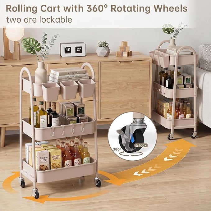 danpinera 3-Tier Rolling Cart, Utility Cart Mobile Metal Rolling Storage Cart with Lockable Wheels & Hanging Cups & Hooks for Kitchen, Bathroom, Office, Workshop, Beige