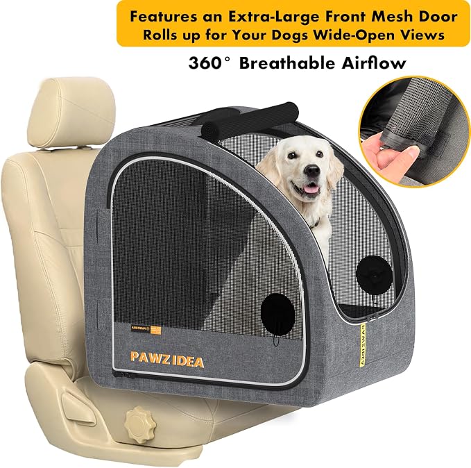 PAWZIDEA Portable Dog Crate for Car Travel, Medium & Large Dogs Up to 80lbs | Soft-Sided Dog Car Kennel for Backseat, Secures Seatbelt & Headrest Strap, Collapsible Enclosed Car Seat Carrier, Chew-Proof