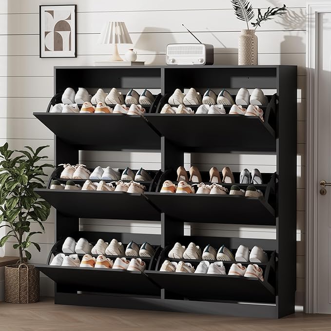 Xixini Shoe Storage Cabinet for Entryway with 6 Flip Drawers, Sturdy Wood Hidden Shoe Storage, Freestanding Narrow Slim Shoe Organizer for Front Door Entrance, Living Room, Hallway, Bedroom, Black