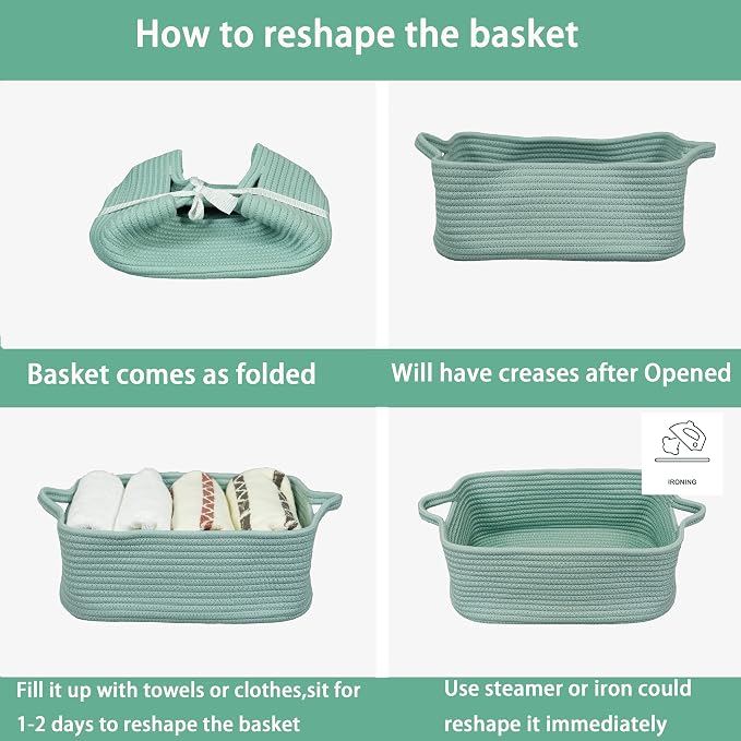 XUANGUO Medium Woven Cotton Rope Storage Basket with Handles, Light Green | Small decorative rectangle storage bin for baby nursery items and cat toys; ideal as an empty gift basket or dog toy basket