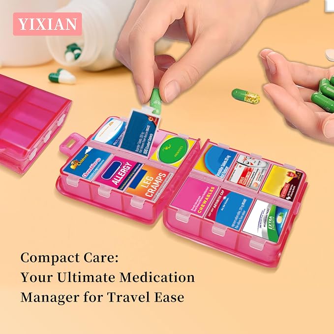 Large Pill Organizer with Medicine Labels, Pill Dispenser 12-Compartment Travel Medication Storage Case, 7-Day Pill Box for Vitamins & Supplements (Pink, 161 Labels)