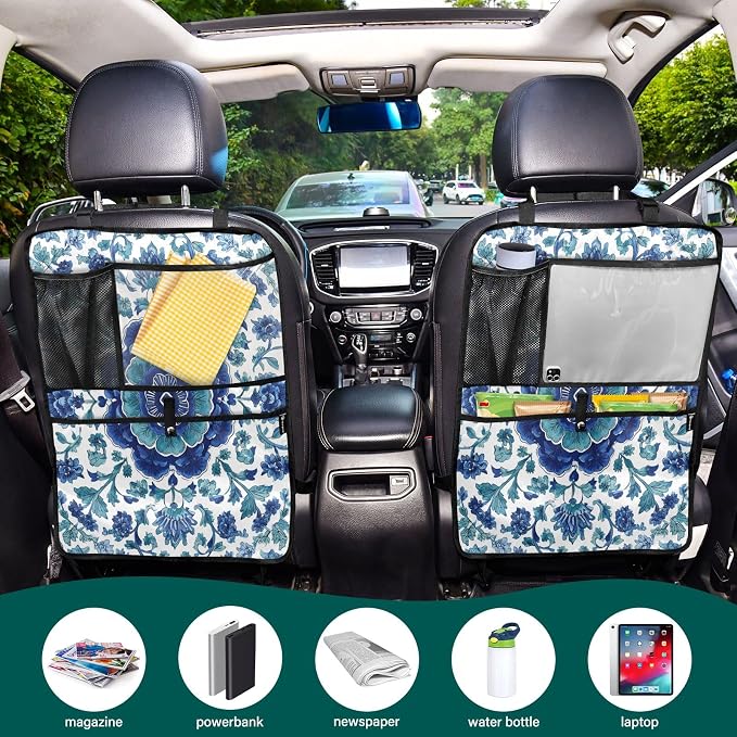 2 Pack Back Seat Car Organizer with Storage Pockets Kick Mats Back Seat Protector Hanging Car Organizer Automotive Seat Back Cover Organizers Floral Blue and White Vine