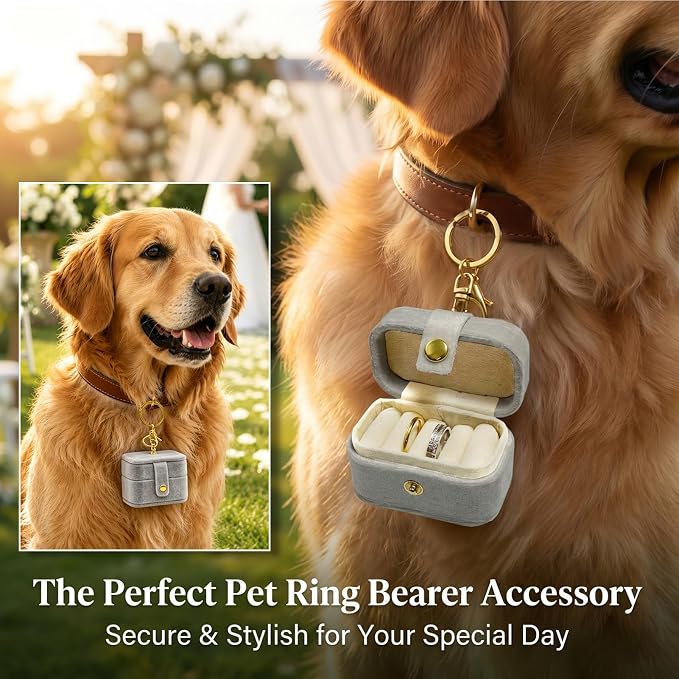 Ring Bearer Pillow Box for Dog Collar, Velvet Wedding Mini Ring Holder Pouch for Pet, Travel Ring Earrings Storage Box for Proposal Engagement Wedding Ceremony Party (Gray)