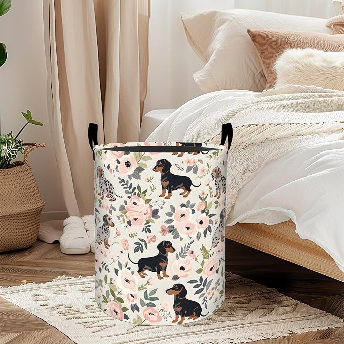 Floral Dachshund Dog Laundry Basket, Oxford Cloth Playful Dirty Clothes Collapsible Hamper for Room Decor, Flower and Puppy Print Gifts Toy Organizer 19.7 * 15.7 Inch for Bedroom Bathroom Dorm