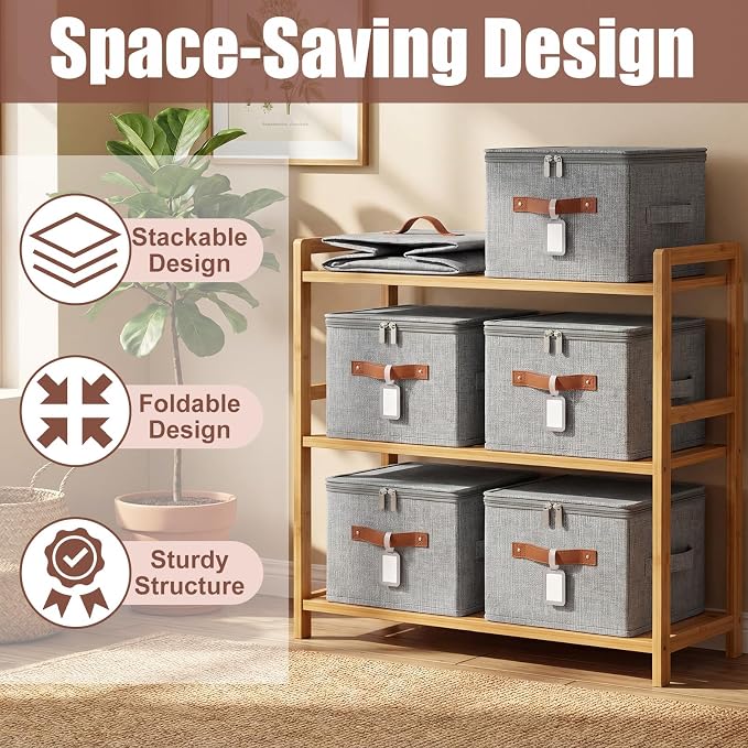 6 Pack 15 Inch Fabric Closet Storage Bins with Lids, 15x10x10In Large Foldable Cotton Linen Storage Cubes Boxes with PU Handle & Label Holder for Bedroom Organization, Shelf, Nursery, Gray