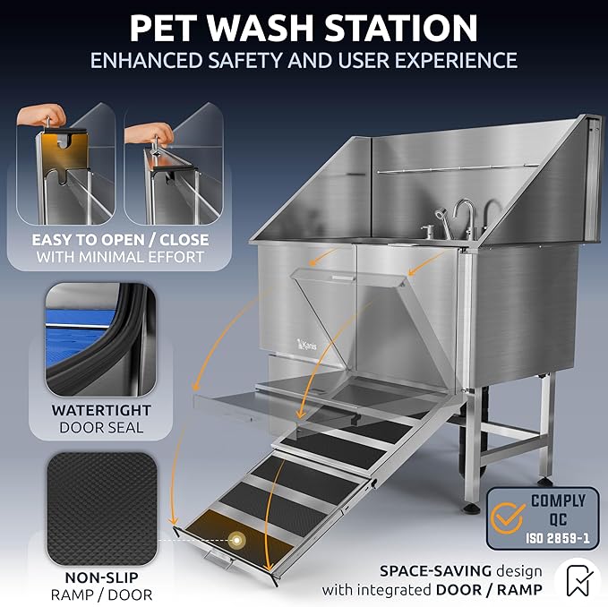 Professional Dog Washing Station 304 Stainless Steel Pet Wash Sink | Grooming Bathtub w/Shower, Floor Grates and Storage for Large, Medium & Small Pets