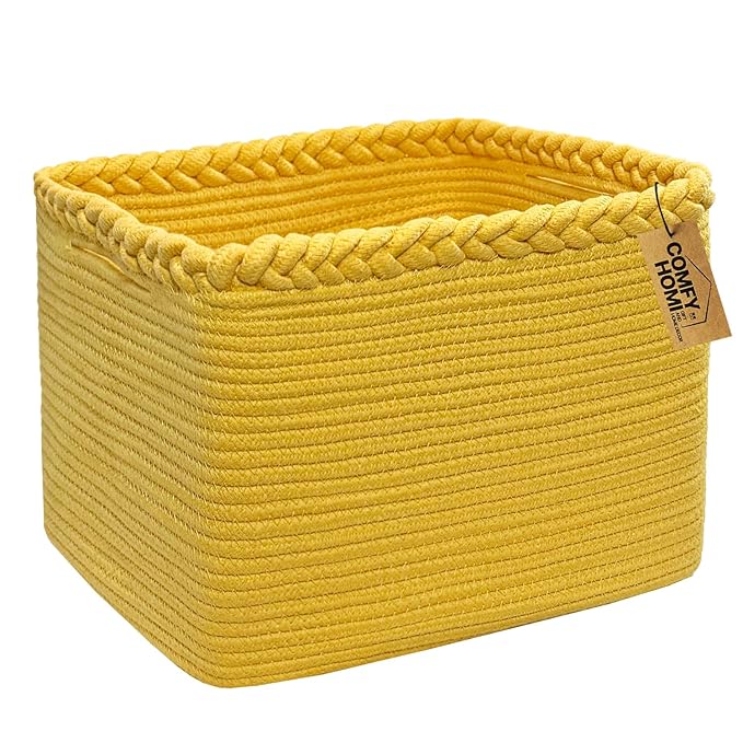COMFY-HOMI Cotton Rope Woven Basket with Handles for Shelves,Toys,Book, Cloth Storage Baskets Bin for Organizing- 1 PCSToy Decorative Organizer for Living Room, Bathroom