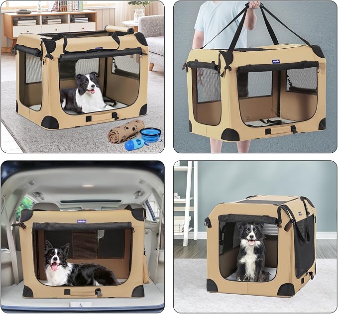 Petprsco Portable Dog Crates for Medium Dogs, 32"x23"x23" Travel Dog Crate | Collapsible Dog Crate with Plush Mat, Soft Blanket & Foldable Bowl, Strong Fabric, 4-Sided Vents, 3 Doors, Indoor/Outdoor Use
