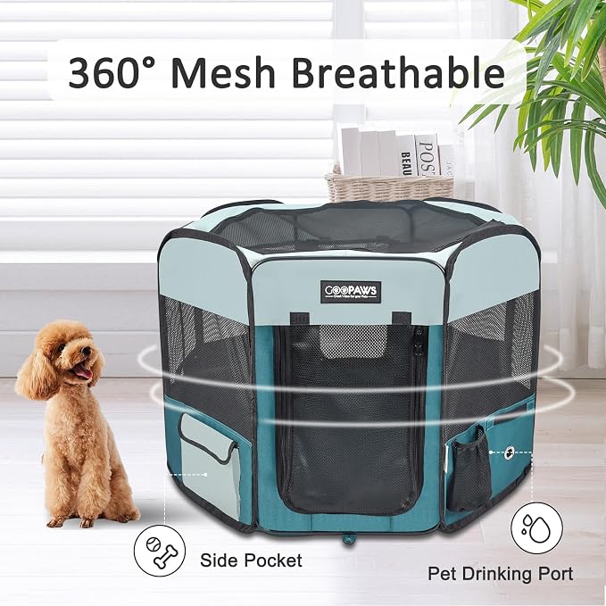 Jespet Soft Dog Playpen, Portable Pet Exercise Pen Kennel with Carry Bag | 2-Door, Easy to Fold, Ground Stakes, Zipper Locks, Large Storage Pocket, Washable Top Mesh Cover & Bottom Cover