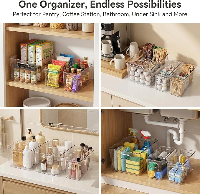 MOONEDGE Set of 12 Clear Plastic Storage Organizer Bins, 4 Large & 8 Small | Under-Sink Storage Containers, Bathroom, Kitchen, Fridge, Cabinet Organization, Clear Bins for Organizing, Small Storage Bins