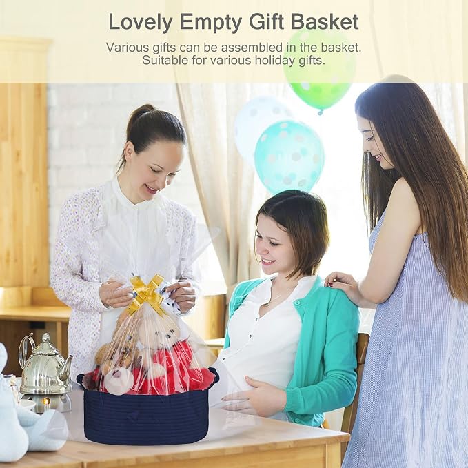 Small Empty Gift Basket with Bag & Ribbons, Navy Blue | 12“x8”x5”, Cotton Rope Woven Basket for Birthdays, Baby Showers, Mother's Day, Christmas; Stores Small Items, Kids & Pet Toys