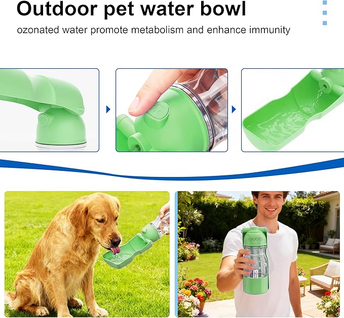 Amerisun Portable Dog Water Bottle with Ozone Purification - Active Oxygen Puppy Water Bowl & Dispenser for Travel, Improves Taste and Boosts Immunity for Pet Health Care Water Bottle (Green)