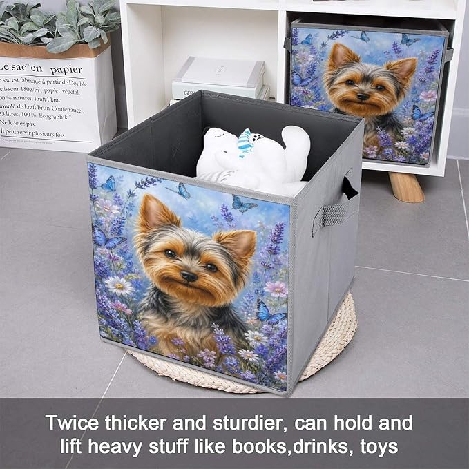 Yorkie Dog Lavender Butterflies Garden Storage Bin with Handles, Oxford Fabric Foldable Storage Cube Organizer for Clothes, Towels, Bedroom, Living Room, Home Organization