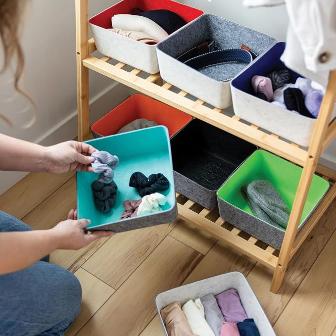 Three by Three Seattle Tapered Felt Storage Bins, 2-Pack, 9x9 (Cream/Red) | Recycled felt tapered bins; soft non-scratch; 5"x5" fits most drawers; organize desk, office, bathroom, bedroom & entryway