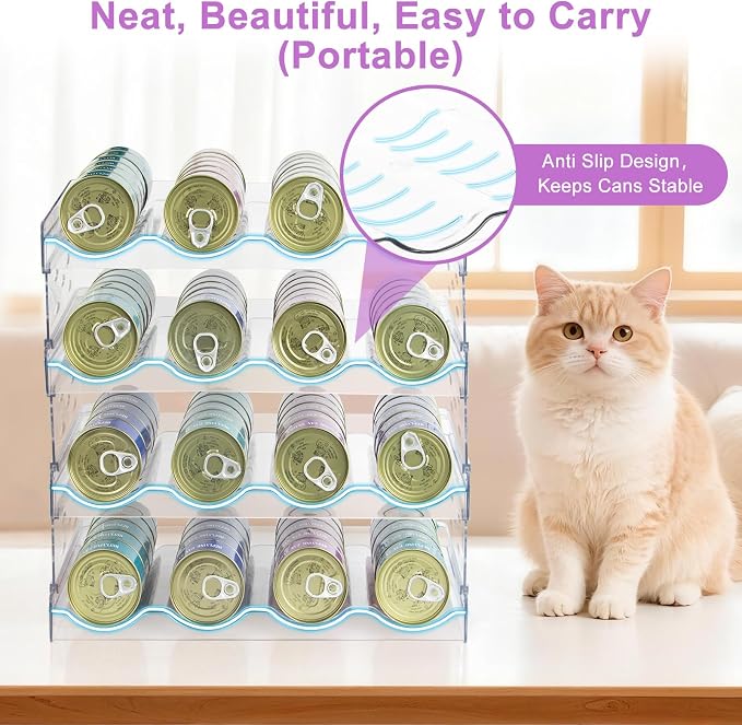 REFLYING Cat Food Can Organizer 4-Tier Holds 96 Cans Acrylic | Clear acrylic 4-tier cat food can organizer,Holds 96 cans 3oz-12.5oz,Stackable pantry storage for multi-cat households