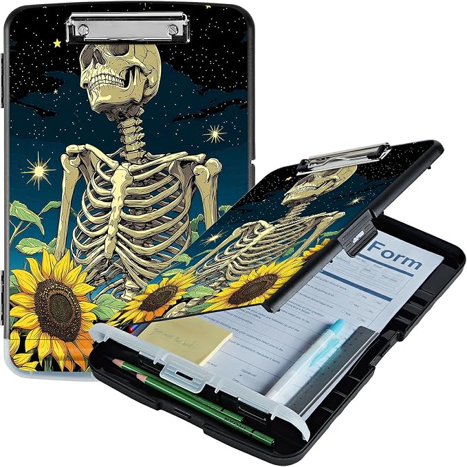 A4 Clipboard with Storage Pen Holder, Clipboards Organizer Nursing Clipboard Foldable File Folder Plastic Clipboard Folio Clip Board for Office Work Classroom Doctor, Dark Skull Sunflower