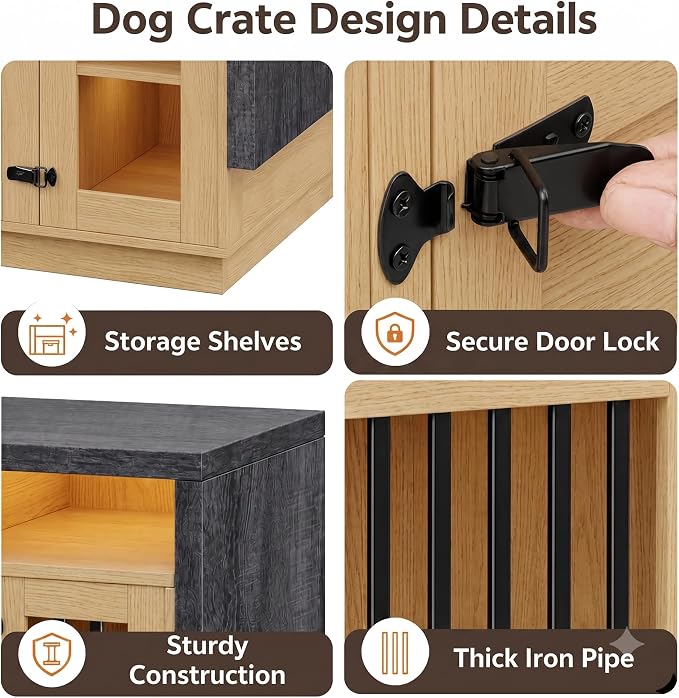 Furniture Dog Crate, 71" Double Dog Crate Furniture Natural & Grey | with Divider & Power Outlet, Heavy Duty Dog Kennel Furniture for Medium Dogs, Wooden Large Dog Crate with Storage