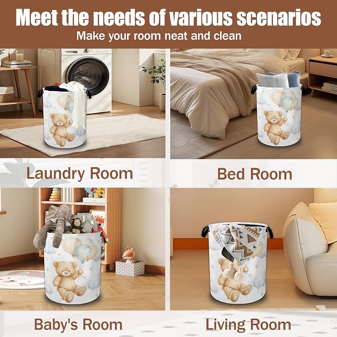 Cute Bear Laundry Basket,Waterproof Foldable Laundry Hamper,Dirty Clothes Laundry Basket, Linen Bin Storage Organizer Collection 16" x 20.8"