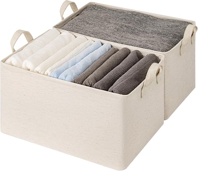 StorageWorks Linen Closet Storage Bins, 45L Storage Baskets, Beige, 2-Pack | Extra Large, With Reinforced PU Handles, Metal Frame, Collapsible Basket for Shelves, Closet, Holds Clothes, Towels, Blankets