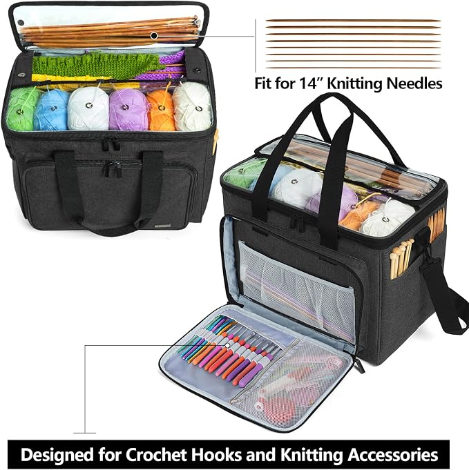 Teamoy Knitting Bag, Yarn Storage Organizer Crochet Bag Tote, Black | Yarn Holder with Inner Divider(Sewn to Bottom) for Crochet Hook, Knitting Needles(Up to 14"), Project and Crocheting Supplies