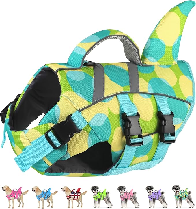 Dogcheer Shark Dog Life Jacket, Dog Life Vest for Swimming - Multi Green,XL | Adjustable Pet Harness Lifejackets, High Flotation Doggie Swimsuit with Rescue Handle for Small Medium Large Dogs