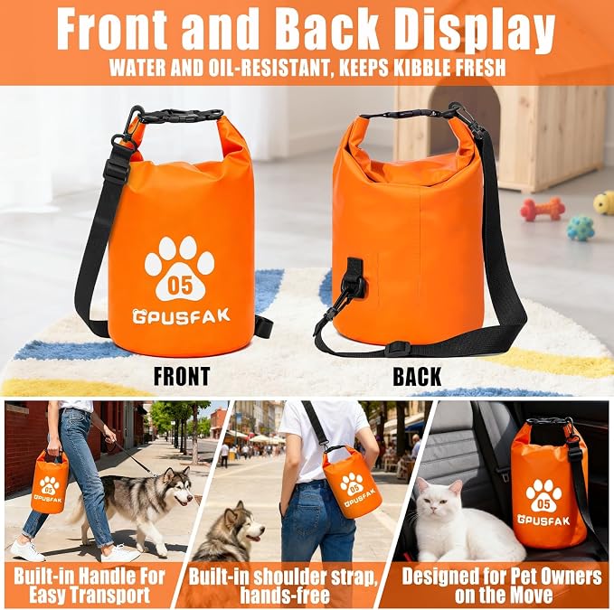 Pet Food Storage Bag with Bowl (32 Cup) - Zip Roll Top Dog Food Travel Bag Waterproof Kibble Container for Camping Road Trips Travel Dog Boarding Weekend Getaways Machine Washable 5L Orange