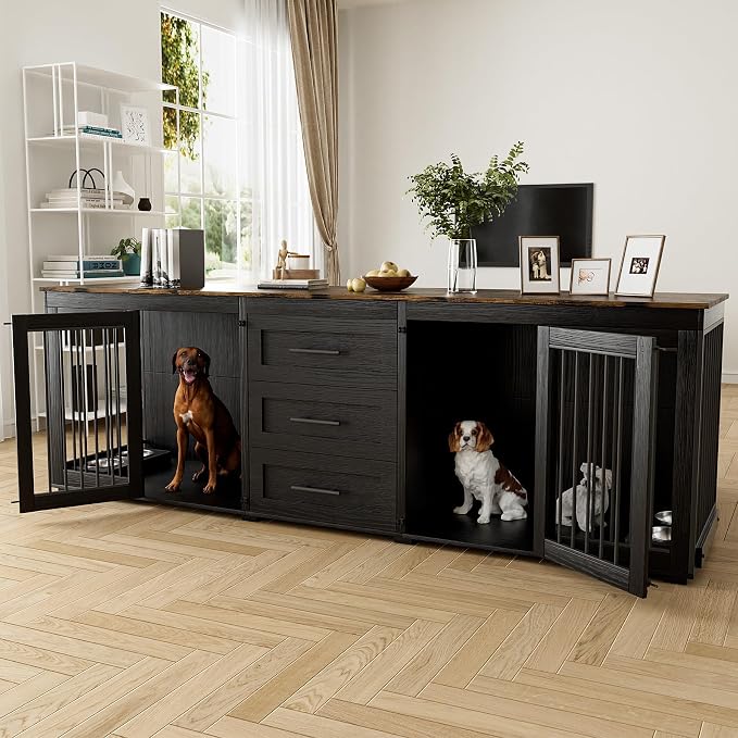 OUYESSIR 94.5" Large Dog Crate Furniture for 2 Dogs, Double Wooden Dog Kennel Furniture with 4 Dog Bowls & 3 Drawers, Heavy Duty Indoor Furniture Style Dog Cage TV Stand/Table/House (Black)