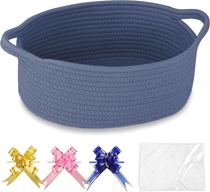 COMSE Empty Small Gift Basket with Bag & Ribbons, Folkstone Gray | Cotton Rope, 12"x 8"x 5", Baby Toy Organizer, Stores Small Items for Bedrooms, Nurseries, Bathrooms, Living Rooms, Offices