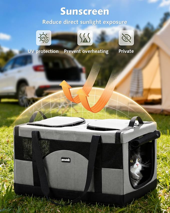 Pecute Large Cat Carrier, Soft Double Pet Crate for 2 Cats Travel, Gray | Anti-Collapse Steel Frame, Convertible Dual Space, Foldable, Polyester Breathable mesh, Up to 26 lbs, Car Travel & Vet Visits