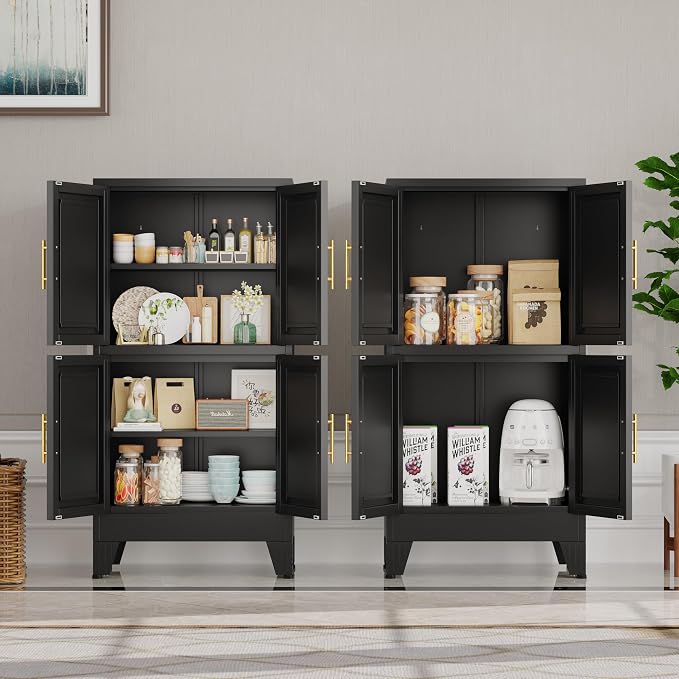 47” Black Metal Bathroom Storage Cabinet, Kitchen Pantry Cabinet | Steel Storage Cabinet with Doors and 3 Adjustable Shelves, Bathroom cabinets Organizer, for Home Office, Bedroom