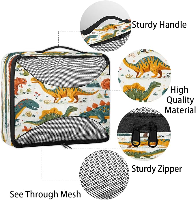 Dinosaur Packing Cubes for Travel, Luggage Packing Organizers, Cartoon Dinosaurs Travel Accessories Large Toiletries Bag for Clothes Shoes Cosmetics Toiletries
