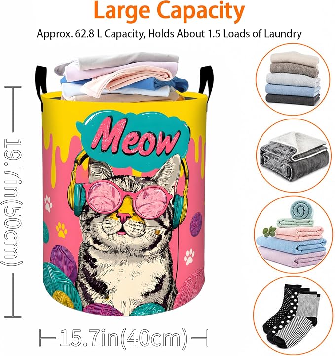 Cool Cat Laundry Basket, Colorful Pop Art Oxford Cloth Dirty Clothes Collapsible Hamper for Room Decor, Pet Lovers Gifts, Toy Organizer 19.7 x 15.7 Inches for Bedroom Bathroom Dorm