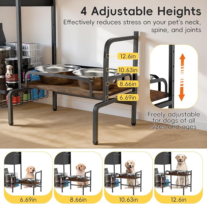 Dog Feeding Station Storage Organizer with Elevated Dog Bowl Stand | Adjustable Elevated Dog Bowl Stand, Large Toy Bin Basket, Lifted Food and Water Bowl Holder for Large Medium Small Breed